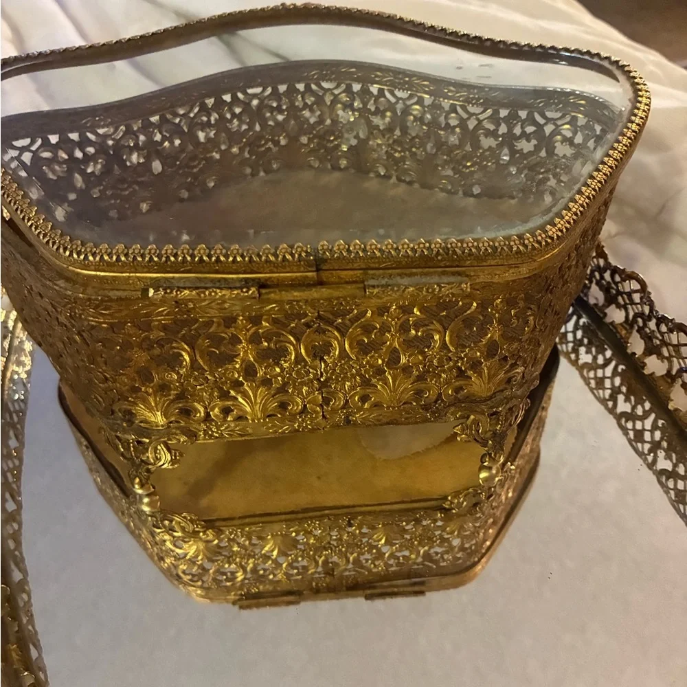 Vtg Gold Metal & Glass Footed Jewelry Box Hinged vanity W Smaller Box & Mirror
